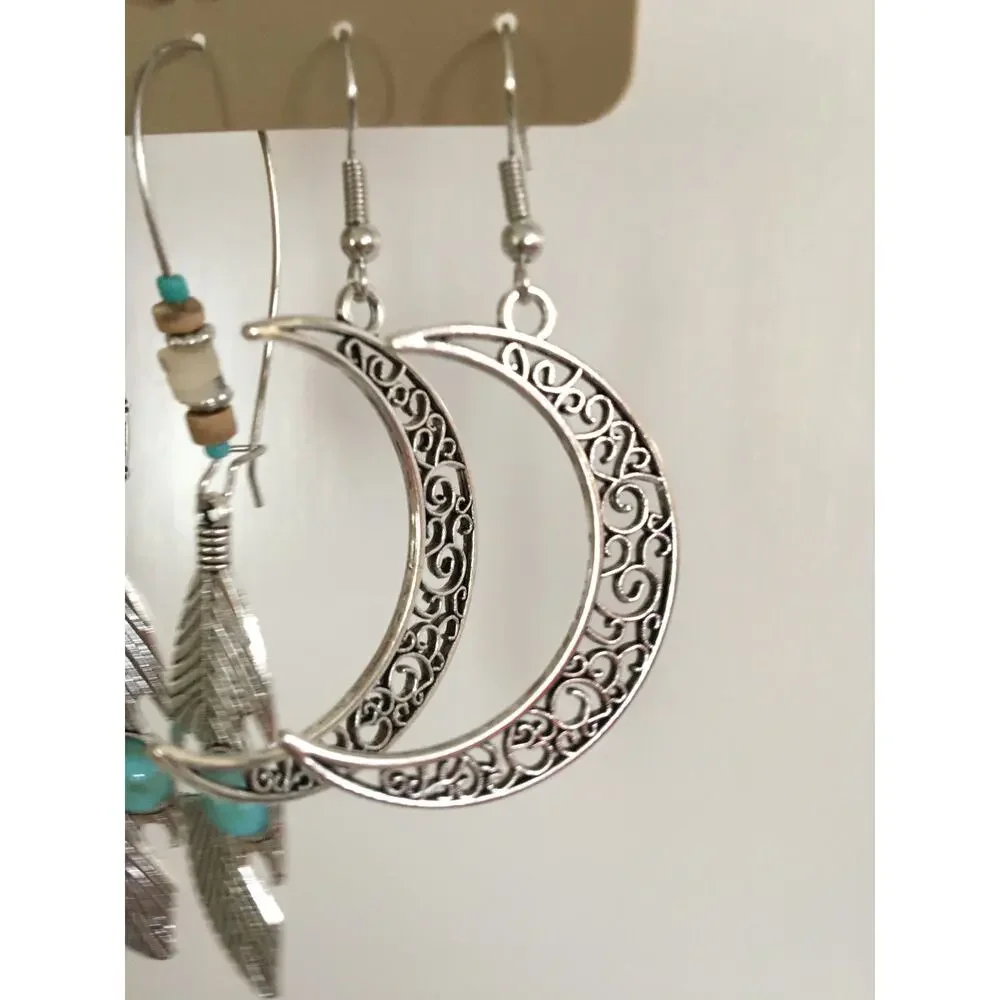 NWT Boho Drop Dangle and Stud Earrings, Feathers Turquoise, Crescent Moon